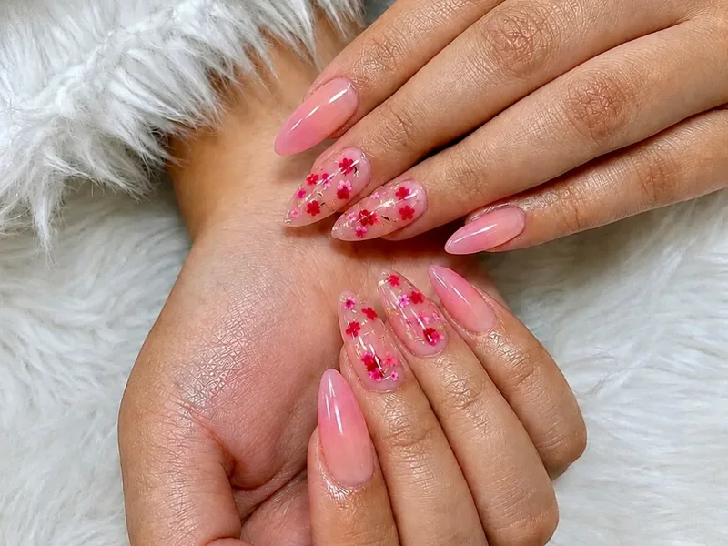 pink almond nails with encapsulated red flowers, AyuriNails Beauty Lounge Makati
