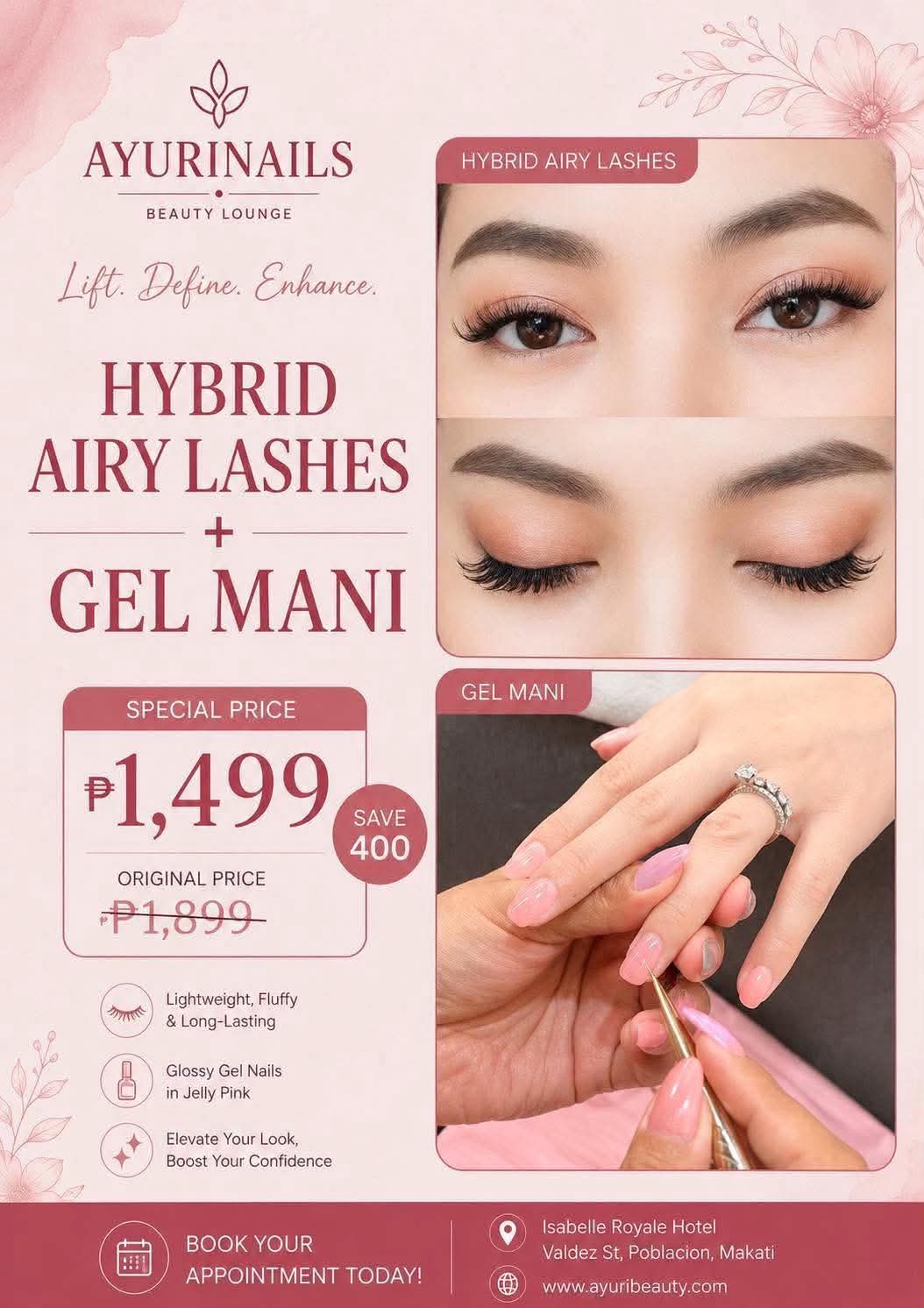 AyuriNails promo: Hybrid Airy Lashes and Gel Mani combo, special price ₱1,499, original price ₱1,899, nail and lash salon Poblacion Makati