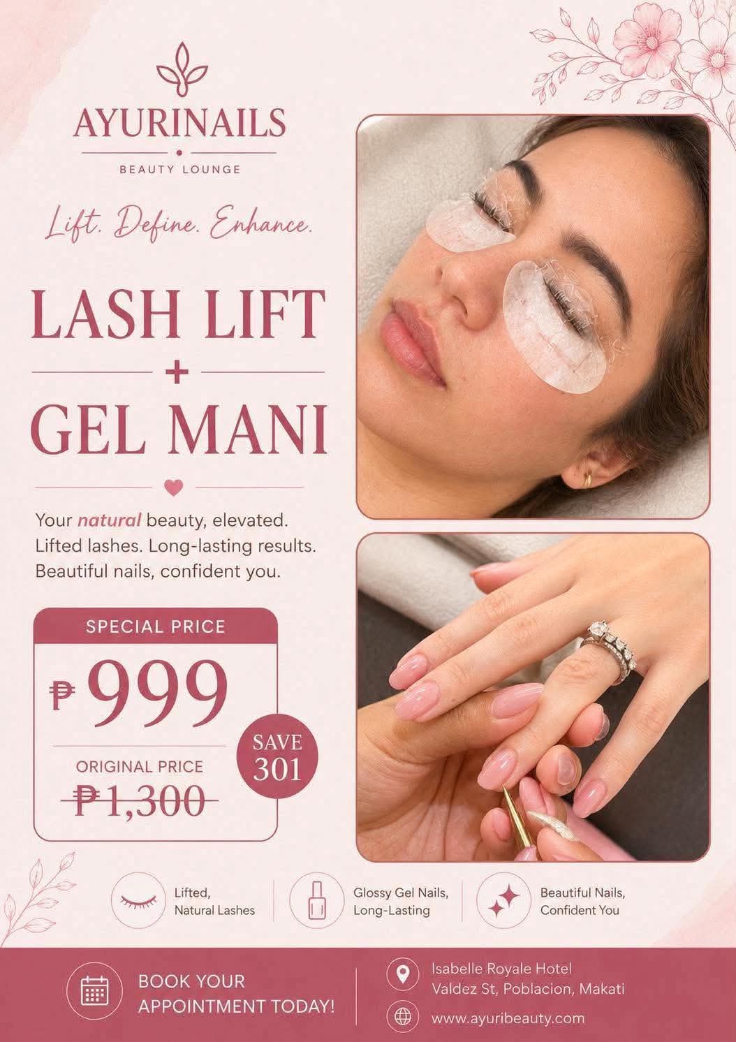 AyuriNails promo: Lash Lift and Gel Mani combo, special price ₱999, original price ₱1,300, nail and lash salon Poblacion Makati