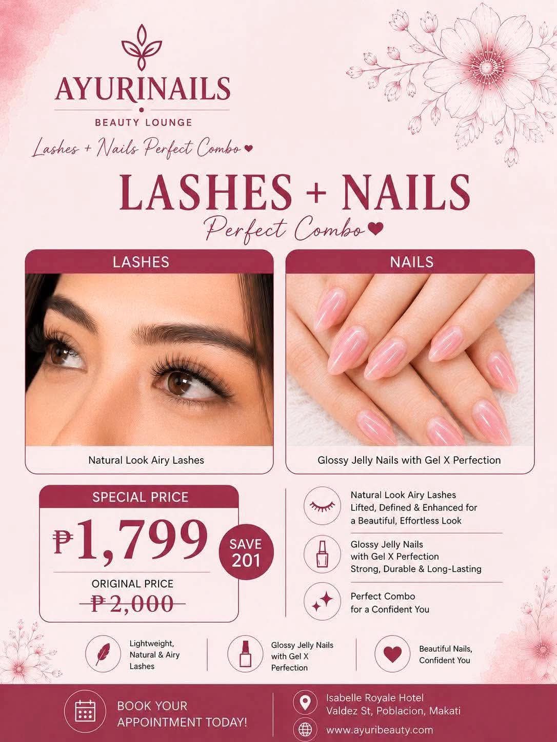 AyuriNails promo: Lashes and Nails Perfect Combo, special price ₱1,799, original price ₱2,000, nail and lash salon Poblacion Makati