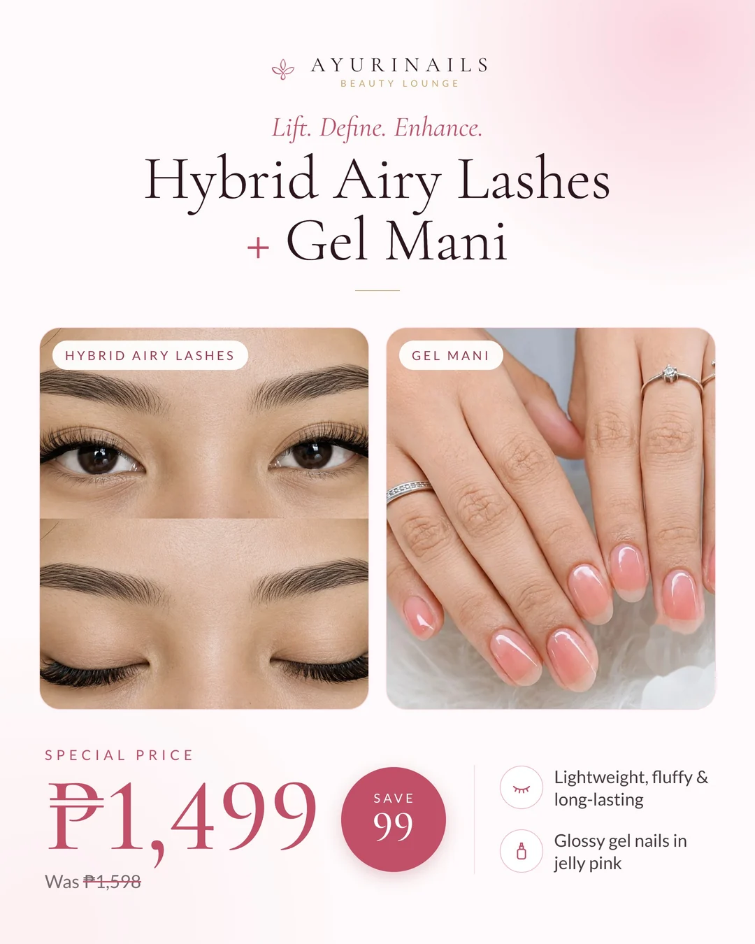 AyuriNails promo: Hybrid Airy Lashes and Gel Mani combo, special price ₱1,499, original price ₱1,598, nail and lash salon Poblacion Makati