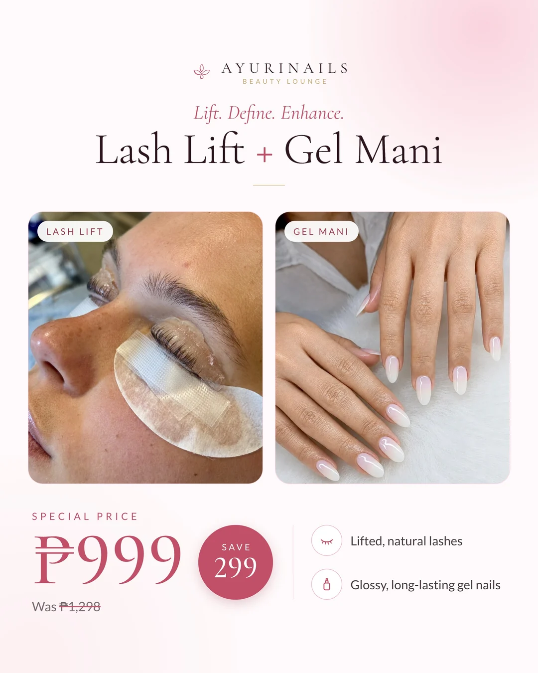AyuriNails promo: Lash Lift and Gel Mani combo, special price ₱999, original price ₱1,298, nail and lash salon Poblacion Makati